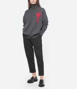 AMI Paris Pull Unisexe Ami De Cœur Laine Gris Rouge -Majestic Filatures shop amipa look20221110 48