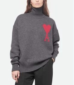 AMI Paris Pull Unisexe Ami De Cœur Laine Gris Rouge -Majestic Filatures shop amipa look20221110 50