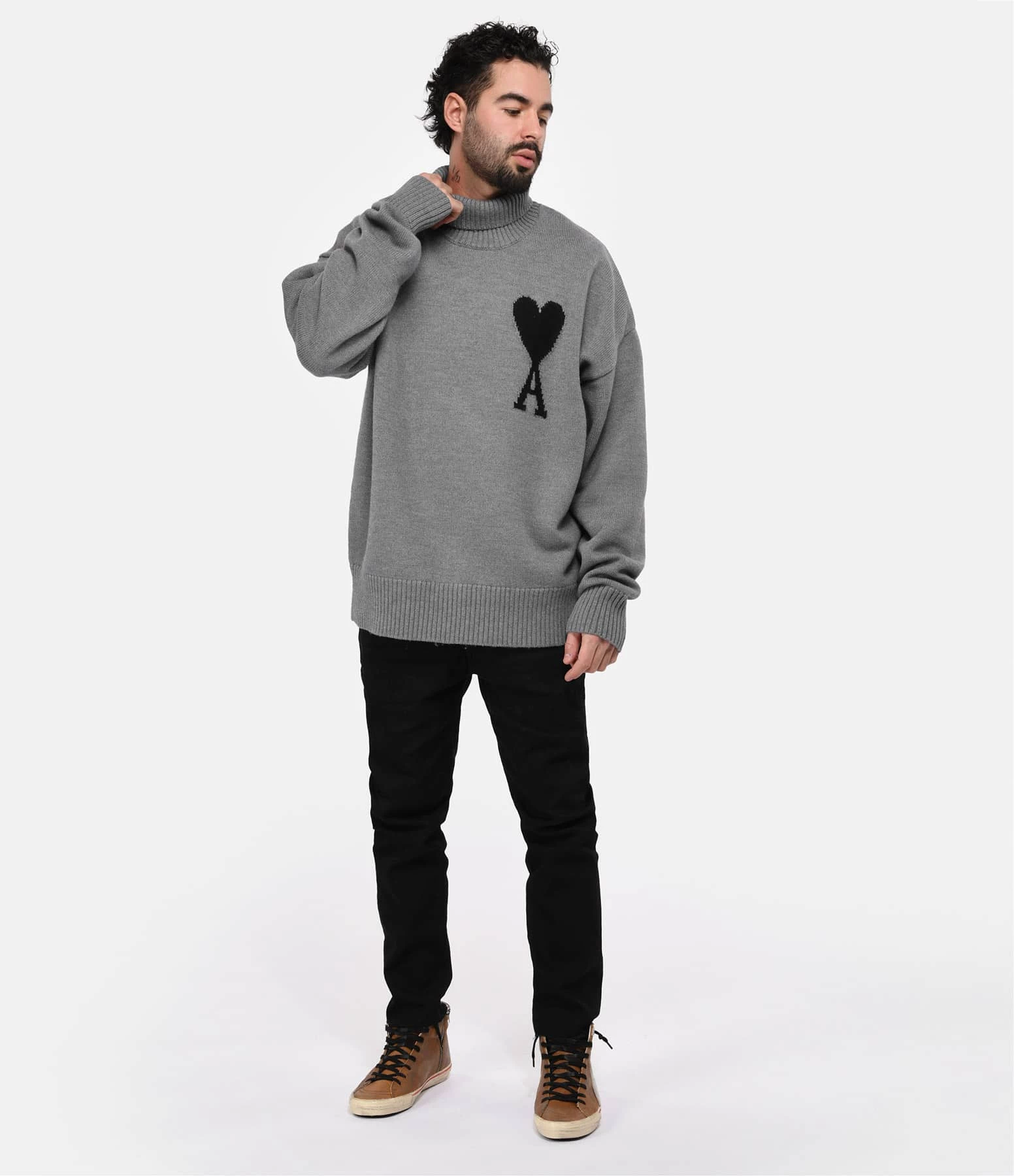 AMI Paris Pull Unisexe Ami De Cœur Laine Gris Noir 6 AMI Paris Pull Unisexe Ami De Cœur Laine Gris Noir – Image 6