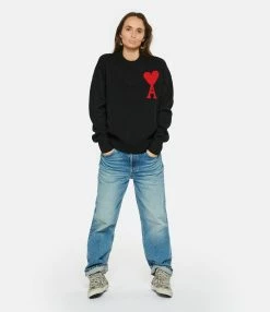 AMI Paris Pull Unisexe Oversize Ami De Cœur Col Rond Laine Noir Rouge -Majestic Filatures shop amipa look20230118 284
