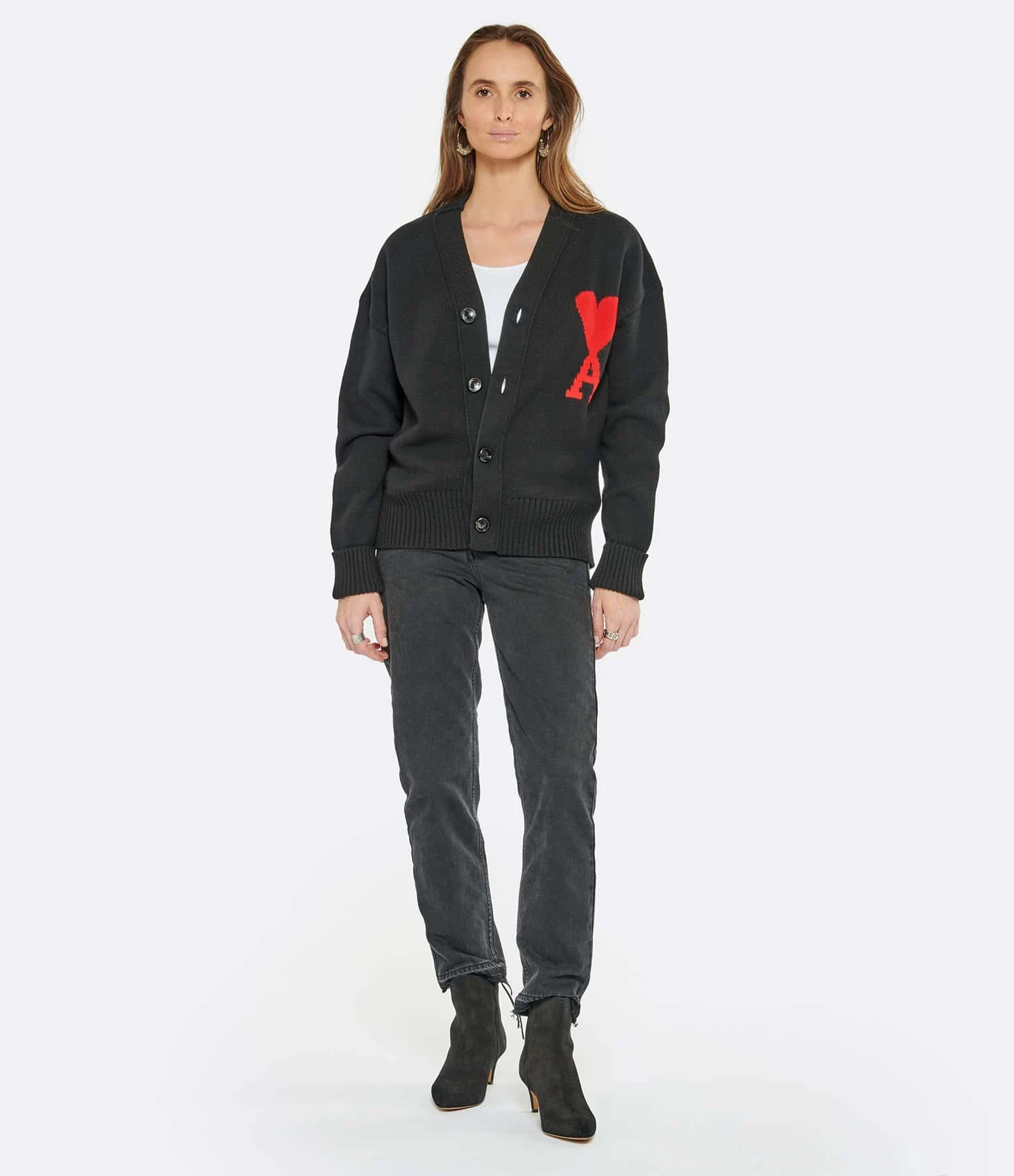 AMI Paris Cardigan Unisexe Ami De Cœur Laine Noir Rouge 6 AMI Paris Cardigan Unisexe Ami De Cœur Laine Noir Rouge – Image 6
