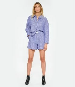 ANINE BING Chemise Mika Coton Rayures Bleu Blanc -Majestic Filatures shop anine look20221129 415