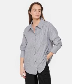 ANINE BING Chemise Mika Rayures Coton Gris -Majestic Filatures shop anine look20230126 508