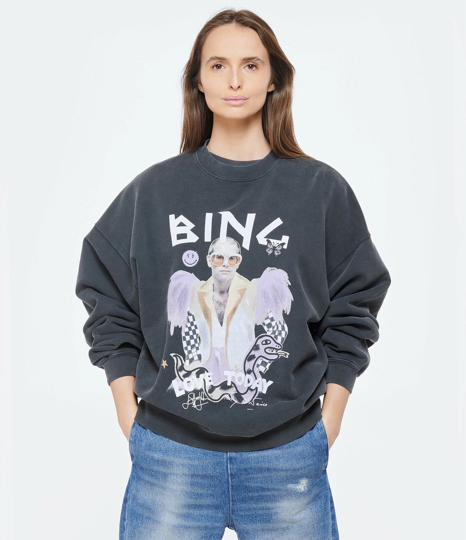 Sweatshirt Harvey Elton John Coton Noir Délavé, Collaboration Anine Bing X Terry O'Neill X IScreamColour 3 Sweatshirt Harvey Elton John Coton Noir Délavé, Collaboration Anine Bing X Terry O'Neill X IScreamColour – Image 3