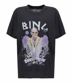 Tee-shirt Lili Elton John Coton Noir Délavé, Collaboration Anine Bing X Terry O'Neill X IScreamColour