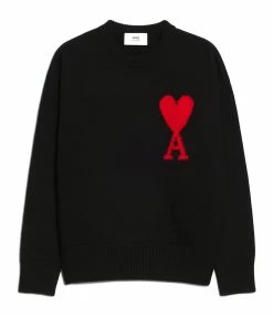 AMI Paris Pull Unisexe Oversize Ami De Cœur Col Rond Laine Noir Rouge