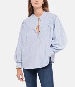 CHARLIE JOE Blouse Noam Coton Rayures Bleu -Majestic Filatures shop charl look20220817 184