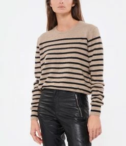 CT PLAGE Pull Cachemire Rayures Camel Noir -Majestic Filatures shop ctpla look20220713 72