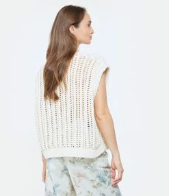 FORTE_FORTE Pull Sans Manches Maille Blanc Coton Naturel -Majestic Filatures shop fof10 look20230131 16