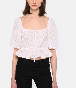 Ganni Top Court Broderie Anglaise Coton Organique Blanc -Majestic Filatures shop ganni look20230223 86