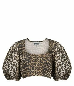 Ganni Top Court Coton Organique Léopard