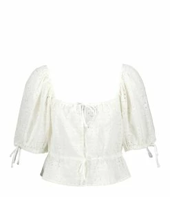 Ganni Top Court Broderie Anglaise Coton Organique Blanc
