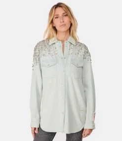 Golden Goose Chemise Boyfriend Golden Cristaux Coton Bleu 7 Golden Goose Chemise Boyfriend Golden Cristaux Coton Bleu -Majestic Filatures shop golde look20221124 565