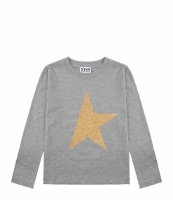 Golden Goose Tee-shirt Enfant Star Manches Longues Coton Gris Doré