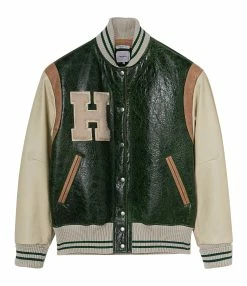 HALFBOY Veste Varsity Shearling Cuir Vert Ivoire Beige