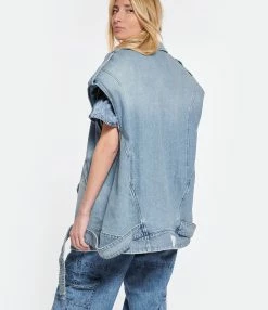 HALFBOY Veste Sans Manches Denim Coton Bleu -Majestic Filatures shop halfb look20230207 78