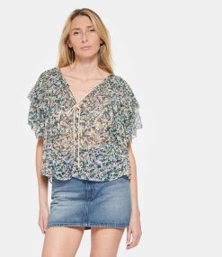 MARANT ÉTOILE Top Fapani Imprimé Vert Écru -Majestic Filatures shop imare look20230207 303