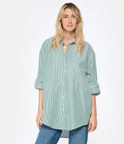 LES FÉLICITÉS Chemise Félicy Rayée Kaki, Pierre De Protection -Majestic Filatures shop lesfe look20230113 45