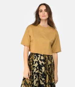 LOULOU STUDIO Tee-shirt Court Gupo Coton Camel -Majestic Filatures shop loulo look20221206 435
