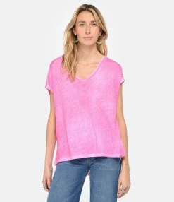 MAJESTIC FILATURES Tee-shirt Col V Lin Flamingo -Majestic Filatures shop majes look20230111 595
