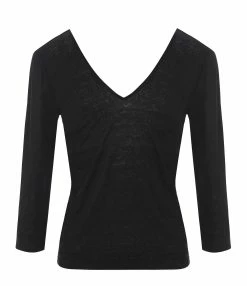 MAJESTIC FILATURES Tee-shirt Manches 3/4 Col V Lin Noir