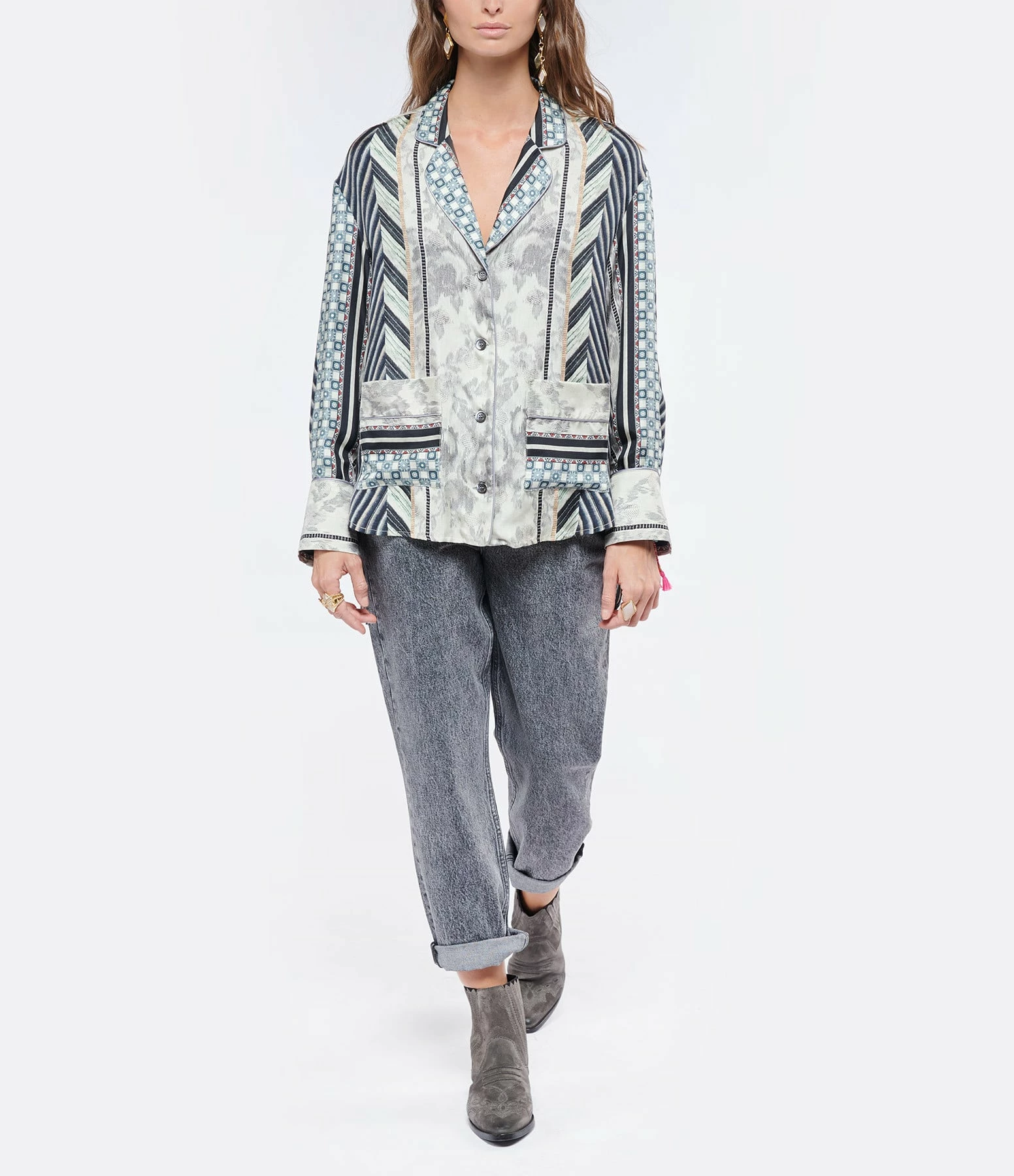 PIERRE-LOUIS MASCIA Chemise Aloe Soie Imprimé Gris Bleu 4 PIERRE-LOUIS MASCIA Chemise Aloe Soie Imprimé Gris Bleu – Image 4