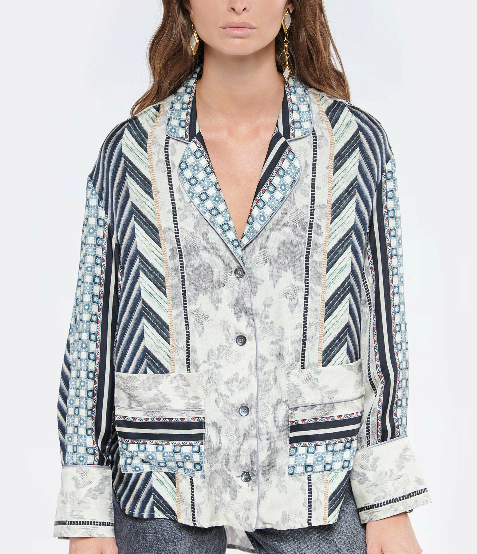 PIERRE-LOUIS MASCIA Chemise Aloe Soie Imprimé Gris Bleu 3 PIERRE-LOUIS MASCIA Chemise Aloe Soie Imprimé Gris Bleu – Image 3