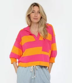 ROBERTO COLLINA Polo Rayures Coton Fuschia Orange -Majestic Filatures shop rcoll look20230117 456
