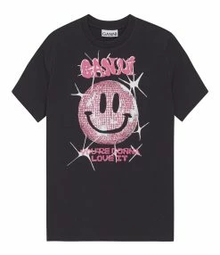 Ganni Tee-shirt Smiley Coton Organique Noir Phantom