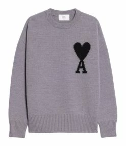 AMI Paris Pull Unisexe Oversize Ami De Cœur Col Rond Laine Gris Noir