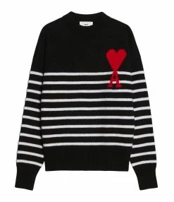 AMI Paris Pull Marinière Unisexe Ami De Cœur Laine Noir Blanc Rouge