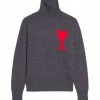 AMI Paris Pull Unisexe Ami De Cœur Laine Gris Rouge