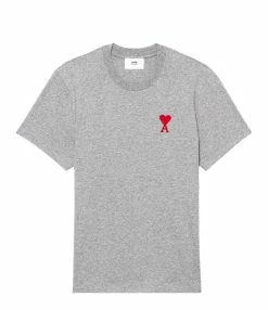 AMI Paris Tee-shirt Unisexe Ami De Cœur Coton Biologique Gris Chiné Rouge