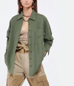 XIRENA Chemise Travis Soie Vert Olive -Majestic Filatures shop xiren look20220126 195